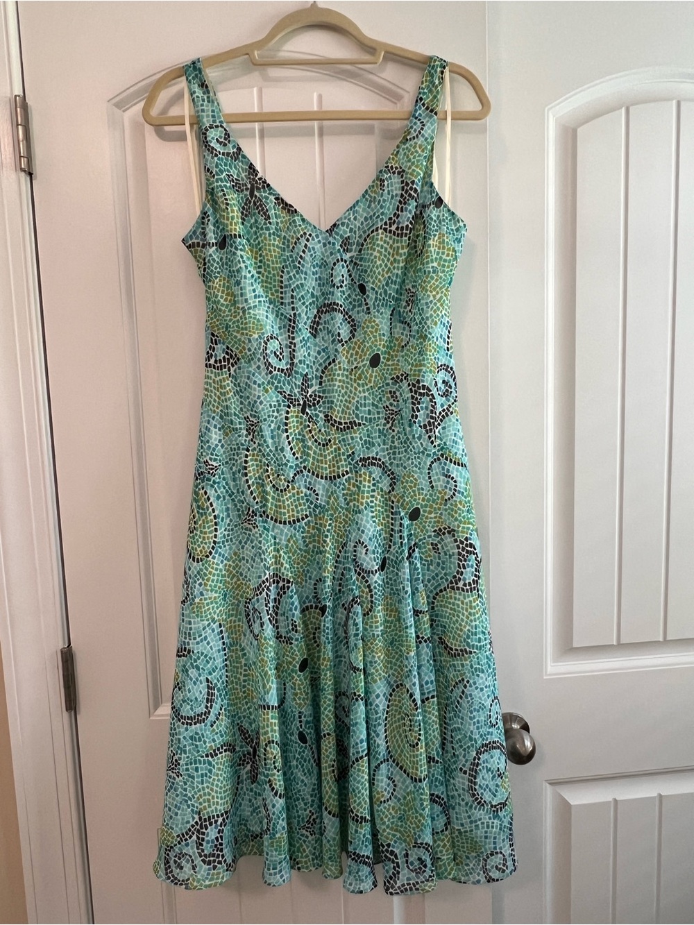 VTG Y2K Jones Wear Mosaic Stained Glass Midi Dress Teal Fairycore Flowy Size 14
